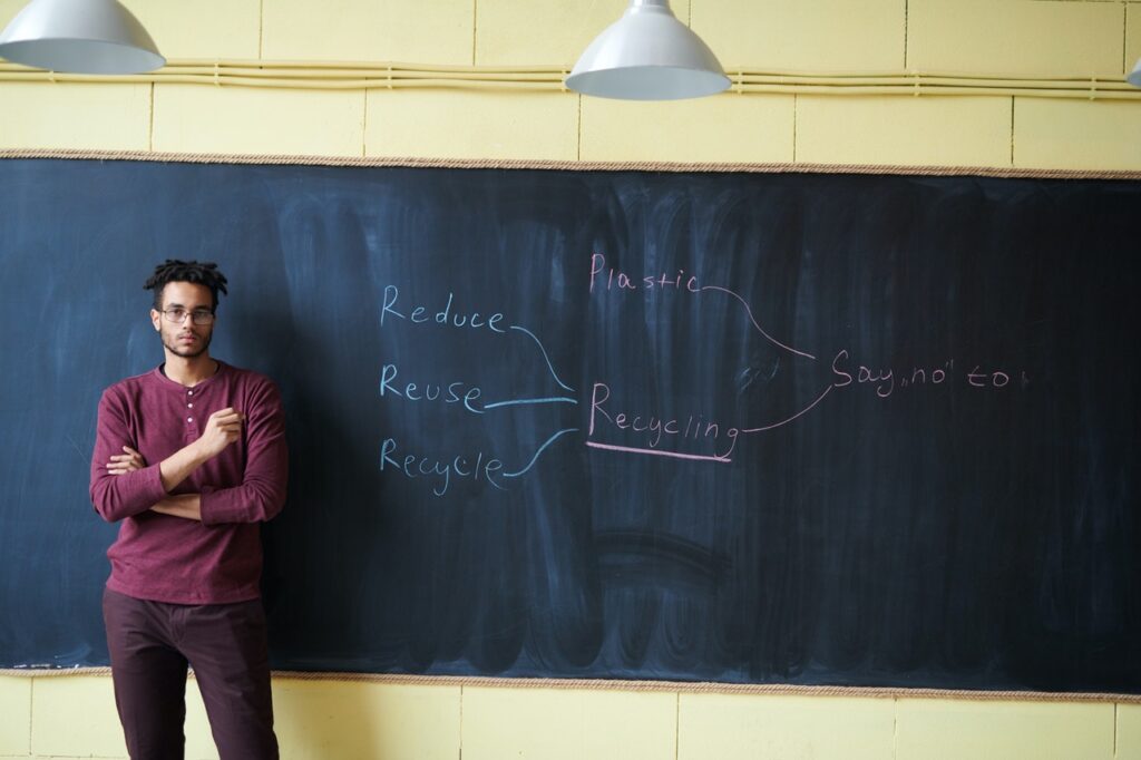 a male teacher leaning against the board